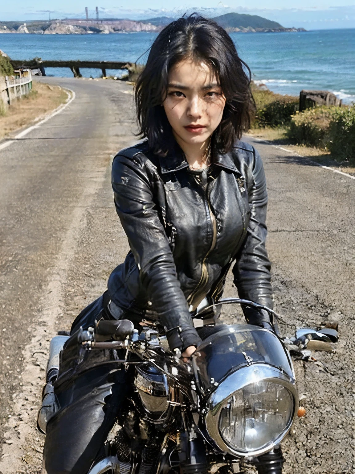 (Ride a classic motorcycle:1.2 )、(Vintage Bikes、Bluff Superior SS100)、Beautiful young Japanese woman、Beautiful Face, Black Hair, Short Bob Hair, Red classic leather jacket、(Accurate bike shape)、Photograph the entire bike、(The balance between people and bike size is our number one priority:1.2)、After the Rain、English countryside、 Coastal road with ocean view、Blur the background、Motion Blur、Photorealistic、(Highest quality, masterpiece, High resolution)、8k、wallpaper、