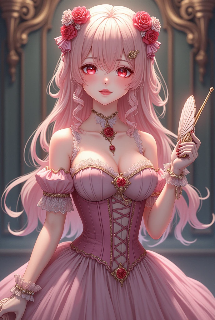beautiful girl, slim hourglass frame, shimmering deep blue sapphire eyes, long flowing pink hair, fair skin, ball gown, in pink ballgown, long pink dress, princess, princess dress, holding staff, sitting on throne, holding scepter, perfect face
