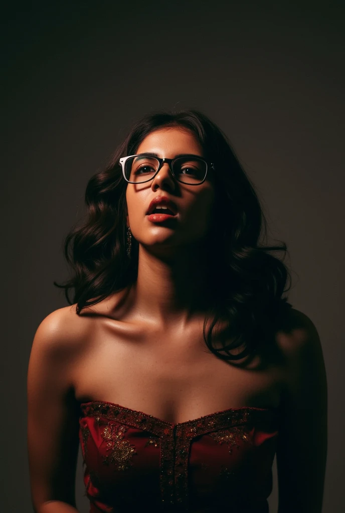 captured from above ,  an exuberant Indian woman with long, flowing hair leaning forward and looking up, downblouse , wearing glasses, Open her mouth as an expression of erotic climax , deep neckline,  thick thighs,  dark fantasy , hyper detailed,  Cinematic Lighting ,  dramatic shadows , rich colors,  melancholic environment ,  award-winning digital art ,  Masterpiece, 8K,  high resolution ,