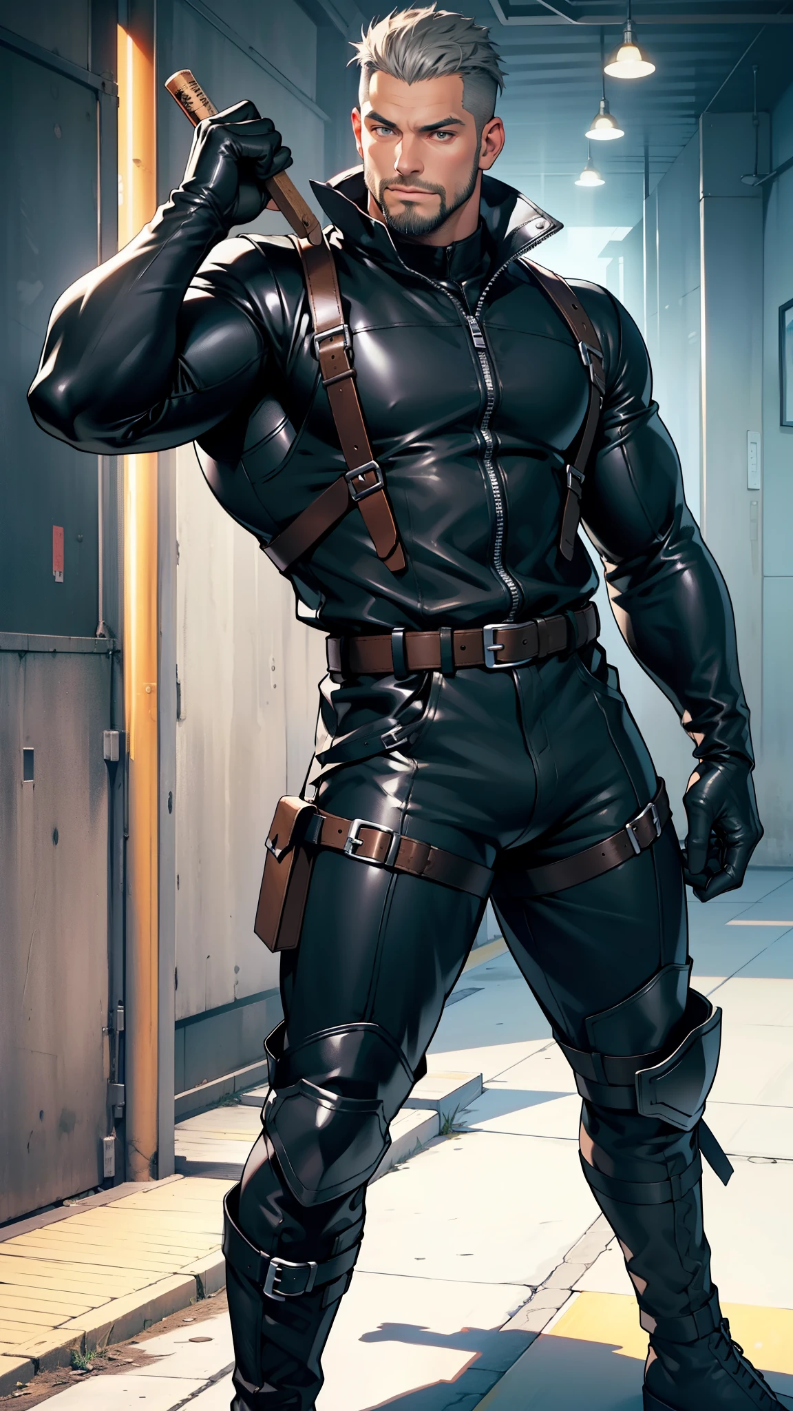 Body immersed in glass showcase高大巨人肌肉警官.，Gray and black khaki camouflage uniform，character idea（Resident Evil - chris redfield，chris redfield）senior police officer，Wearing a gray and black khaki camouflage diving suit，Matte texture，regular symmetrical texture pattern，Standing in bright biochemistry laboratory, Body immersed in glass showcase，sad expression，Deep and charming eyes，Emerald Pupil Hero，heroic male pose，高大burly，muscular！Charming leg muscles，High, burly, Heqiang， Wearing a gray and black khaki camouflage diving suit， Super gain and cool， high resolution committee， Big feet in black boots，Charming strong man，The bright sunshine is shining on you，matte particles，shiny texture