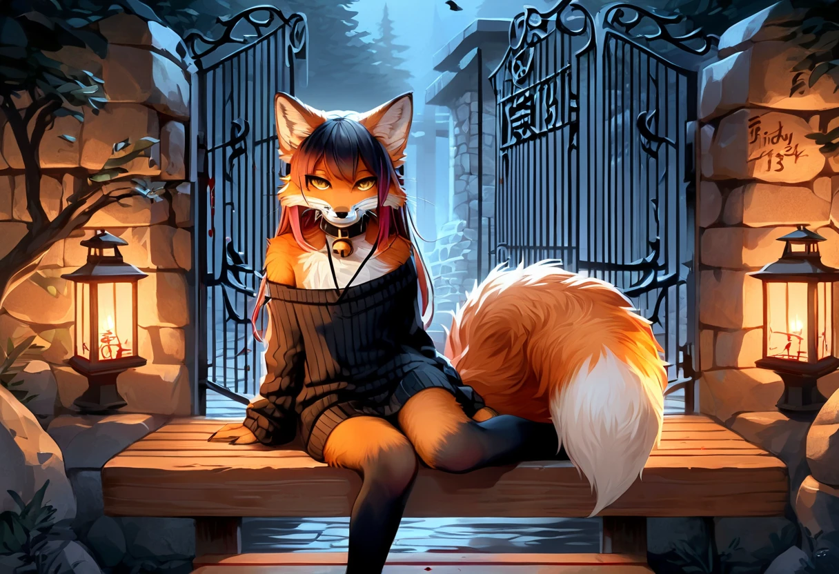 full body、Solo、unpralleled masterpiece、Detailed、 Beautiful、 score_9、 score_8_up、 score_7_up、(Friday the 13th、the number 13 written on a stone wall with blood)、moody atmosphere、mysterious、fox、anthro、furry、female、orange fur、(long hair、beautiful hair、orange hair、side swept hair、bangs)、yellow eyes、(tuft of fur)、(digitigrade、claws、fox paws、exposed feet)、(foxy whiskers)、(heavily shaded orange body、dark black shading on body)、(sassy pose、sassy hips、sassy、flirtatious)、fluffy tail、(light smile、soft smile)、wearing (Black simple stylish long socks、non-transparent thigh highs、Black crop off shoulder sweater、Colored hair bow、Collar with gold bell)、(metallic gate、stone wall、sitting on a wooden bench、open book with calligraphy written on it)、night、tree、lantern on post、incantations on wall、scratching finger onto wall、gazing at viewer with side eye