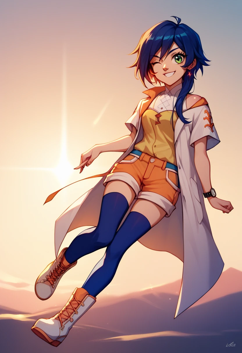 Fabia _Sheen , blue_hair, long_hair, green_eyes,  pink ear rings , smiling, white_coat, _shoulder, yellow_shirt, short_ sleeves , shorts, yellow_shorts, orange_patches, blue thighhigh socks ,  white boots , wristwatch,  beautiful sunset sky backgroundgood lighting,  making a symbol of peace , winking.