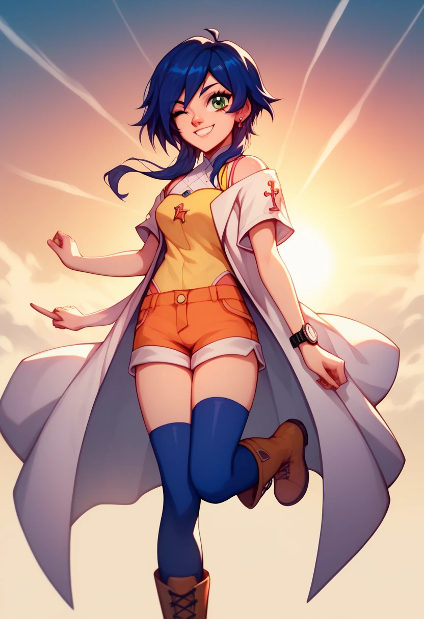 Fabia _Sheen , blue_hair, long_hair, green_eyes,  pink ear rings , smiling, white_coat, _shoulder, yellow_shirt, short_ sleeves , shorts, yellow_shorts, orange_patches, blue thighhigh socks ,  white boots , wristwatch,  beautiful sunset sky backgroundgood lighting,  making a symbol of peace , winking.