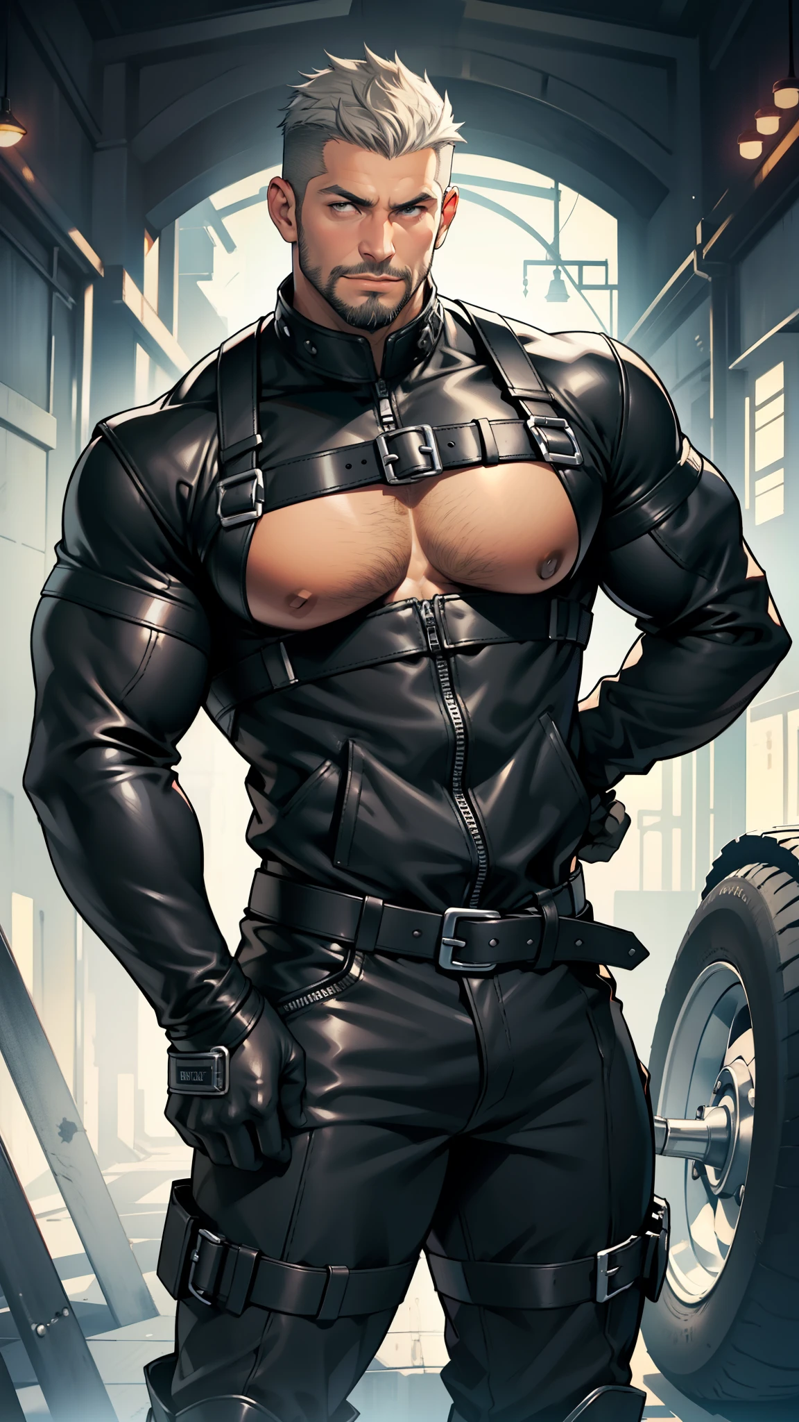 mature man ,45 years old,height 2 meters, full height, Short grey hair, shaved whiskey. slag, muscular, huge pectoral muscles , broad shoulders , Thick-chested ,( big lump in the groin :1.5), leather harness , black leather skinsuit black helmet and moto boots ,spin ,black
gloves , Obscene language , indecent pose ,male gaze, masterpiece fails , high sharpness , high detail , black leather jumpsuit in panoramic view Decorative line style, pretty face, short beard.