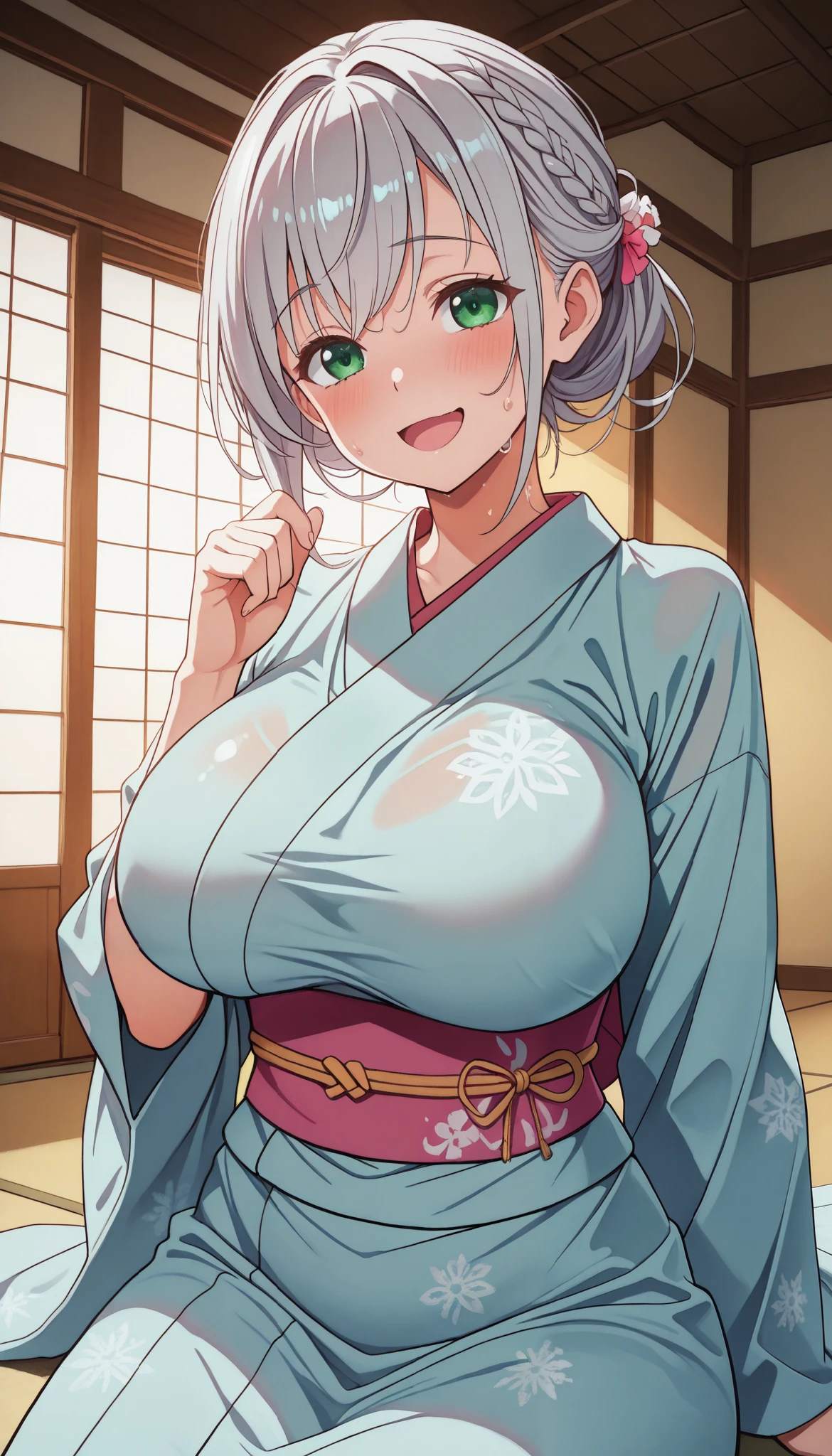 score_9, score_8_up, score_7_up, score_6_up, score_5_up, score_4_up、solo focus,large breasts,,Shirogane Noel ,,silver blonde hair,,,solo,
,,sweat,sitting,smile,.open mouth,.,narrow waist,indoor,kimono