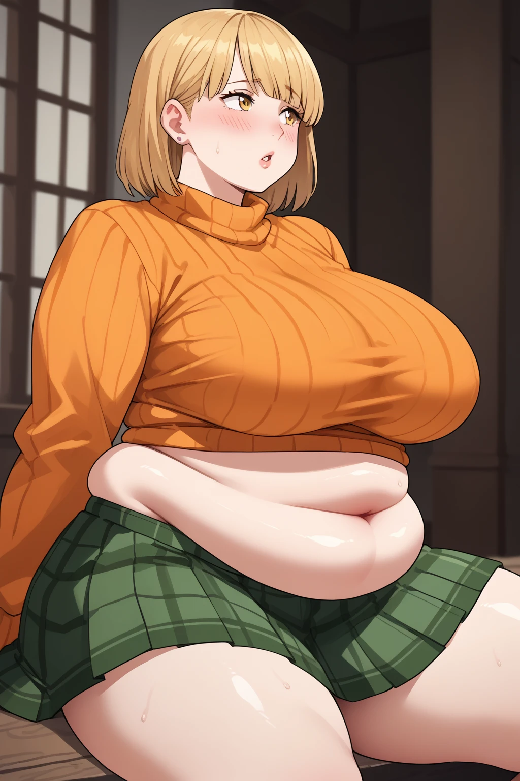 Ashley Graham , ashley graham,　 shortcuts,　 orange sweater ,  miniskirt,  green plaid skirt,  Long Sleeve ,  yellow eyes, Thighs,  Golden Hair ,  score_9,   score_8_up,   score_7_up,   score_6_up,   score_5_up,   score_4_up,     Masterpiece  ,   top quality,   Very Aesthetic,   absurd,   source_Anime, Anime screencap,   one woman , Alone,  personal  ,  Super huge breasts, ((( super huge clevis, Super huge , Super huge boob))), Curvy,  chubby, Mature Woman,  obese body type, blush,  troubled expression,  belly fat sticking out of clothes,　 sloppy stomach , A woman wearing a skirt , puzzled expressions,Woman sitting on the ground,  legs spread out after getting creampied