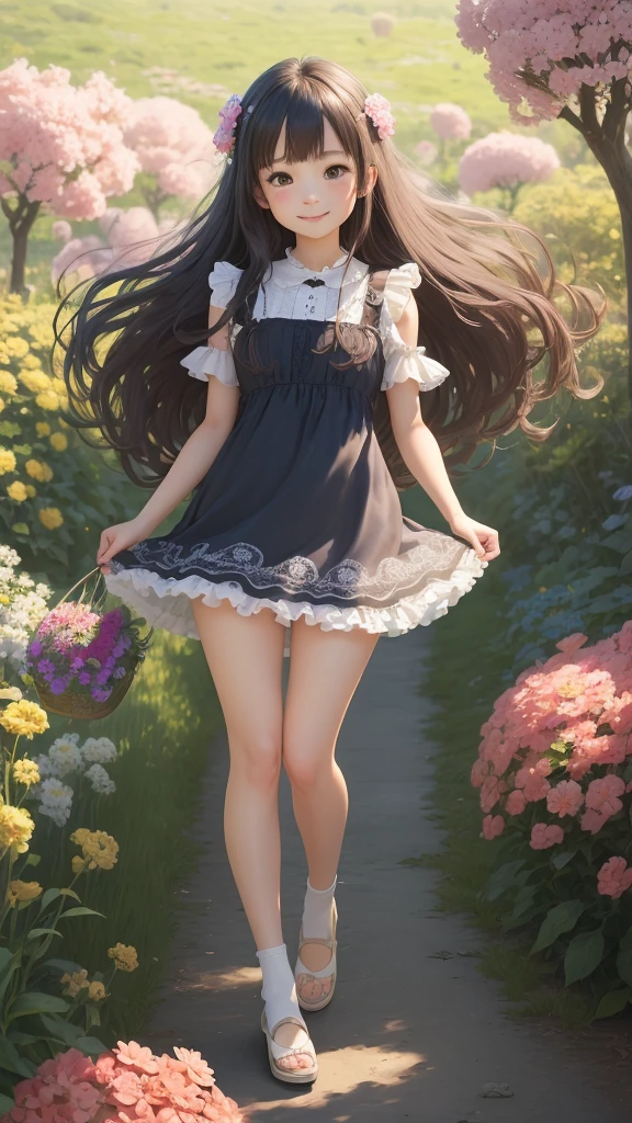 (masterpiece),(best quality),(ultra-detailed), (full body:1.2), 1girl, Japanese girl, **** girl, cute, kawaii, smiling face, long hair,  flowers garden  background, frilly sun dress, micro mini skirt, cute lace panties, (wind:1.6),  