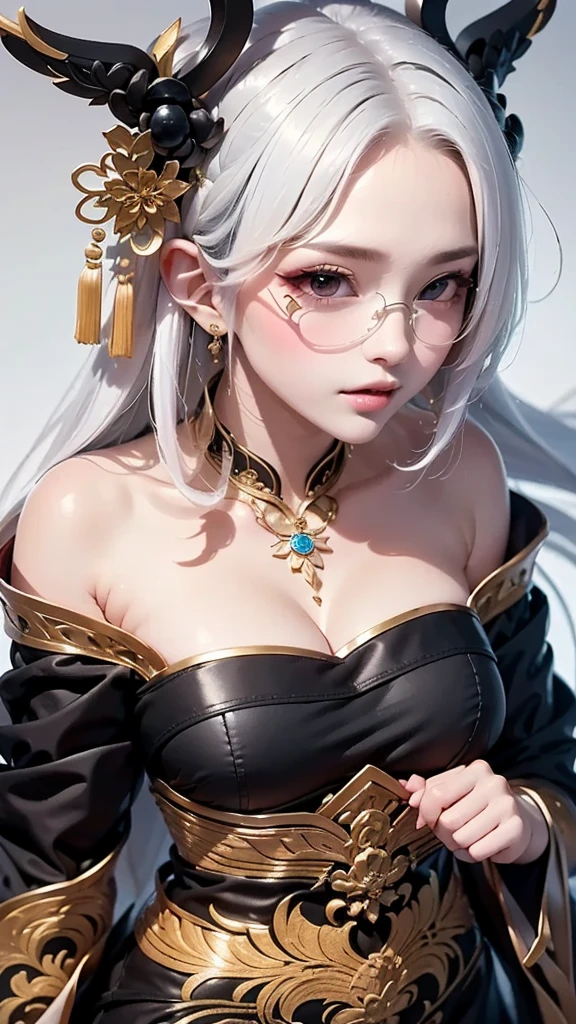 super high quality, masterpiece, Perfect illustration, Very detailed:1.6,　white barance, 1girl, wearing glasses,23 years old, cute girl, white hair, sharp and big beautiful eyes, medium breasts, bright skin. fantasy royalty, onmyoji, majesty, asian dress. black and gold clothes. simple background, white background, white dust. hanbok、Chinese royal clothing, profile
