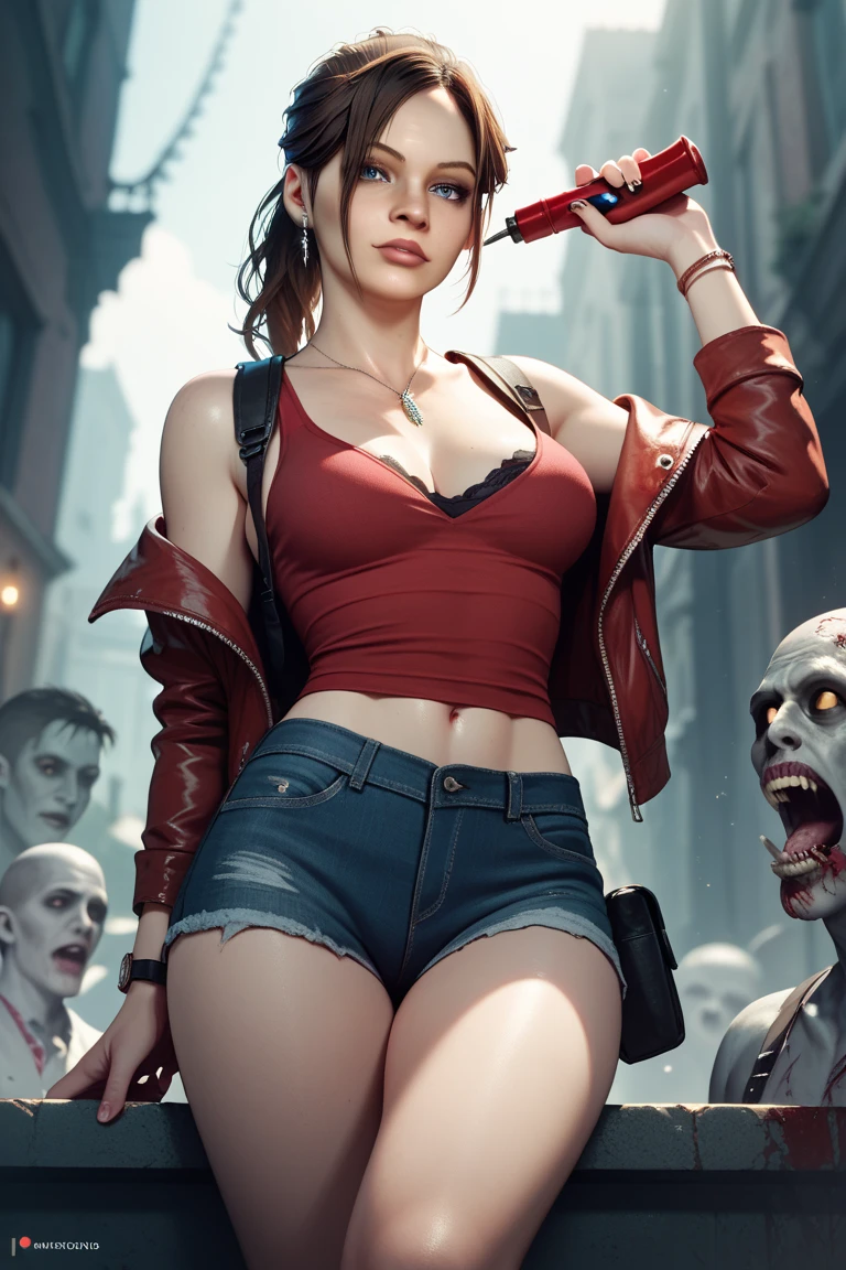 (masterpiece:1.2, Best Quality:1.2), ((Claire Redfield, super beautiful woman)), Resident evil, (Red jacket, White shirt, Long jeans, torn jeans), (Colossal tits:1.5, Huge boobs:1.5, Huge breasts:1.5, gigantic cleavage breasts:1.5), (Detailed face, Detailed skin texture, Perfect slim body, Tongue out:1.5, long tongue:1.5), At an abandoned gas station, Night, Dark atmosphere, surround by zombies,