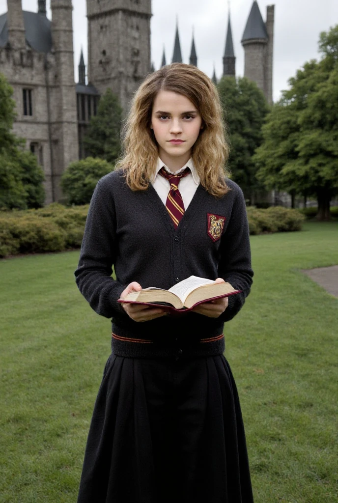 3mm4w, photo of a woman wearing hogwarts school uniform holding a book looking at the viewer standing in the yard of medieval castle 