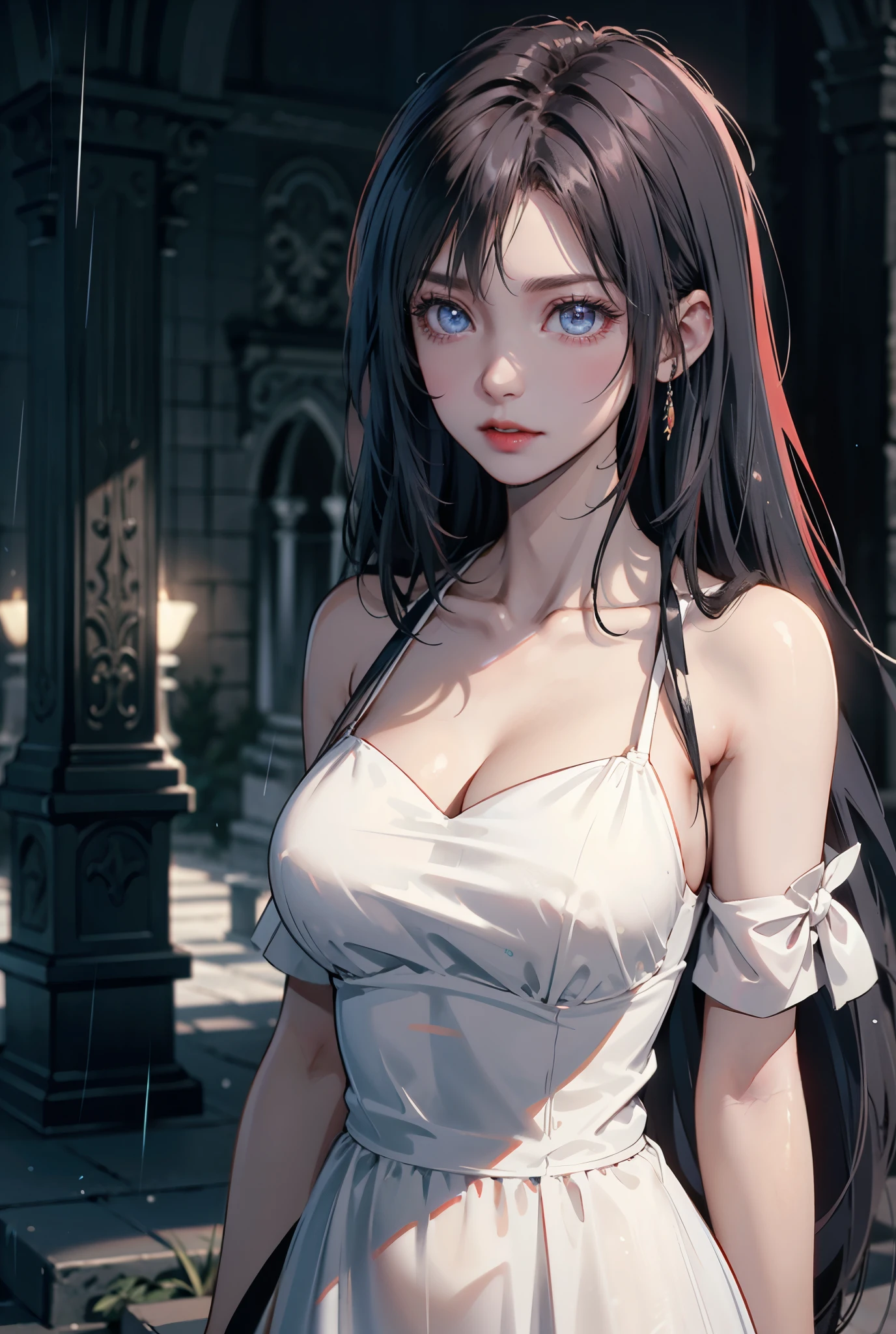Close-up of a woman in a red dress, long black hair, beautiful and seductive anime woman, a beautiful fantasy queen, inspired by Du Jong, seductive Tifa Lockhart full body portrait, (((Beautiful fantasy queen)), seductive anime girl, beautiful anime woman, charming Tifa lock heart, beautiful avatar picture, white underlinen, lady in pink armor, Tifa, (lingerie: 1.2), photo realistic, upon_body, Tyndall effect, realistic, light studio, edge lighting, Two-tone lighting, (High detail skin:1.2), 8K Ultra HD, DSLR, Soft lighting, High quality, Volume lighting, Frank, Photos, High resolution, 4K, 8K, Bokeh, Breast Exterior, (Nudity: 1.2), (Black Eye Color), (Clear Armor: 1.0), Walking, Blue Sky and White Clouds, Shopping,