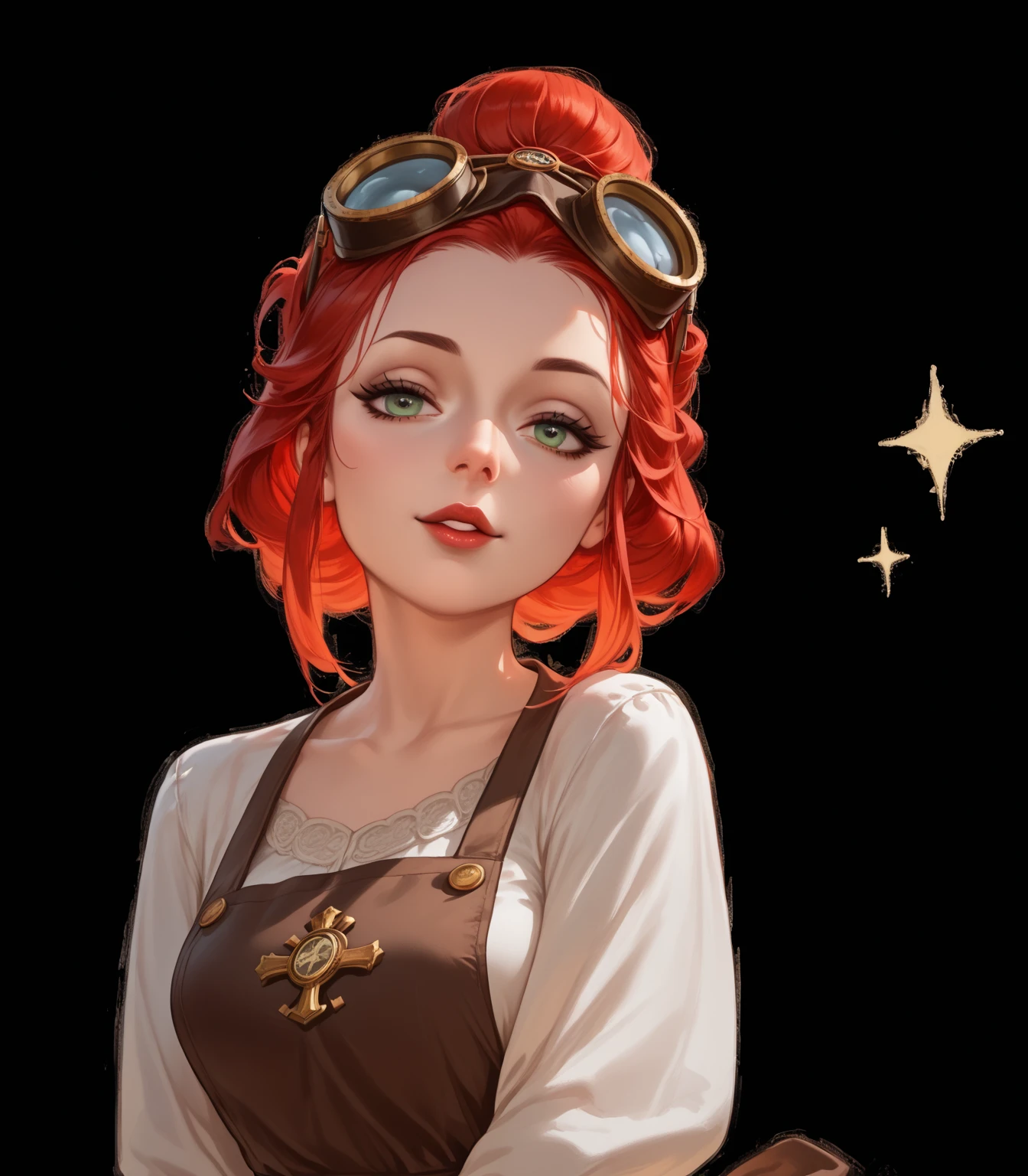 there is a woman with a red hair and a brown apron, artwork in the style of guweiz, guweiz, made with anime painter studio, detailed character portrait, painted in anime painter studio, lofi bioshock steampunk portrait, abigail from stardew valley, lois van baarle and rossdraws, lofi steampunk bioshock portrait