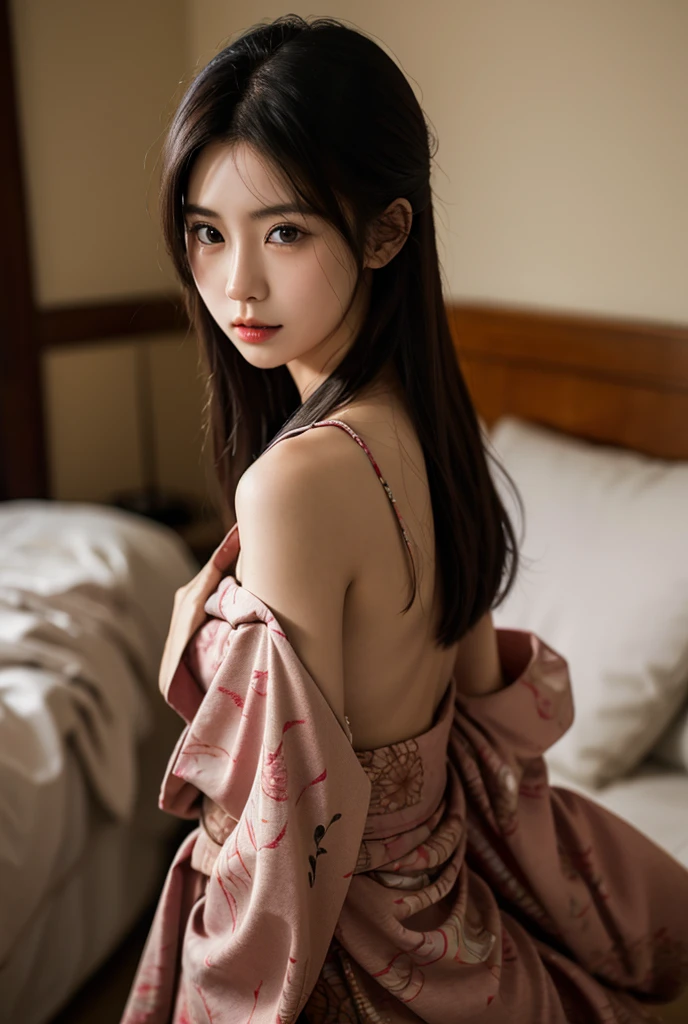 ASİAN, kimono with neckline, wearing bra, photoshot, realisitic, baby face, , lace on bra, 120 cm
