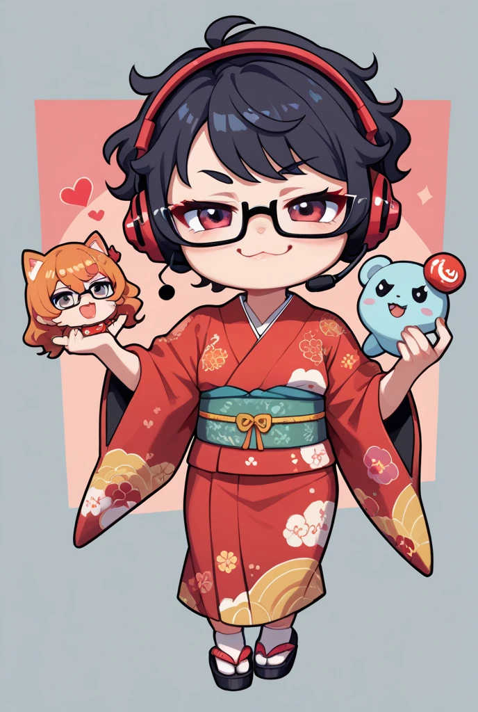 Japanese woman, one person, black wavy hair, semi-short hair, wearing glasses, Front facing, gaming headset, full body image, dark red Japanese-kimono, icon, chibi, kawaii, smug face, 