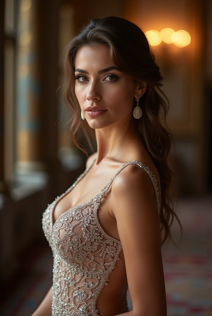 MonicaAlvarez Style-Empire, 1girl, corset, cinematic, (portrait), sideface, foreshortening, breasts, cleavage, ((detailed face, beautiful face, full makeup)), full_body, high_heels, long_hair, solo, depth_of_field, outdoors, realistic,(medium), photorealistic, (ultra-detailed:1.2), ((high ornamented dress)), detailed light, HDR, Empire_dress