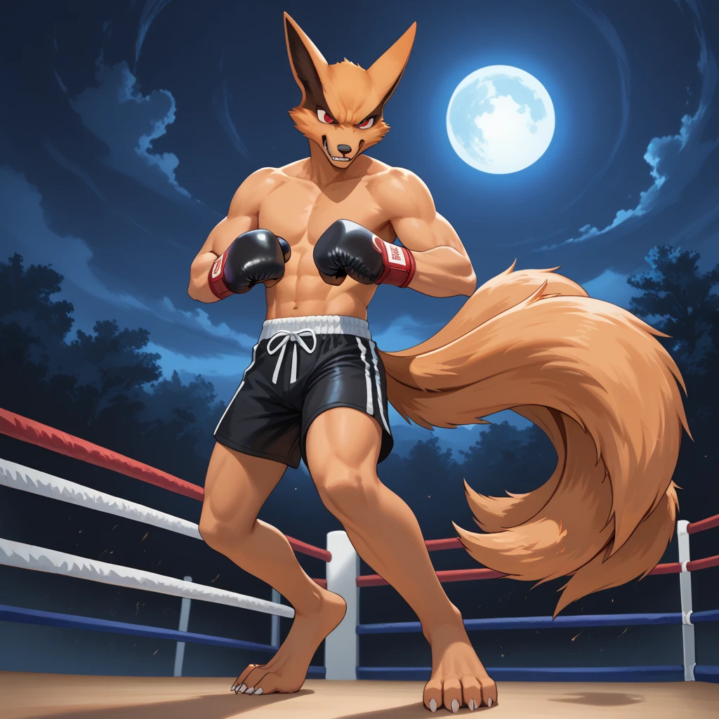  Anime quality, solo,  kurama, fox, orange fur, red eyes, multiple tails, 9 tails, cute, beautiful, grass, smile, night, Fight Boxing, Wearing Boxing Gloves red, wearing red boxing shorts, (no shirt), punching, punching the image, showing him punching, he can punch, turned around,