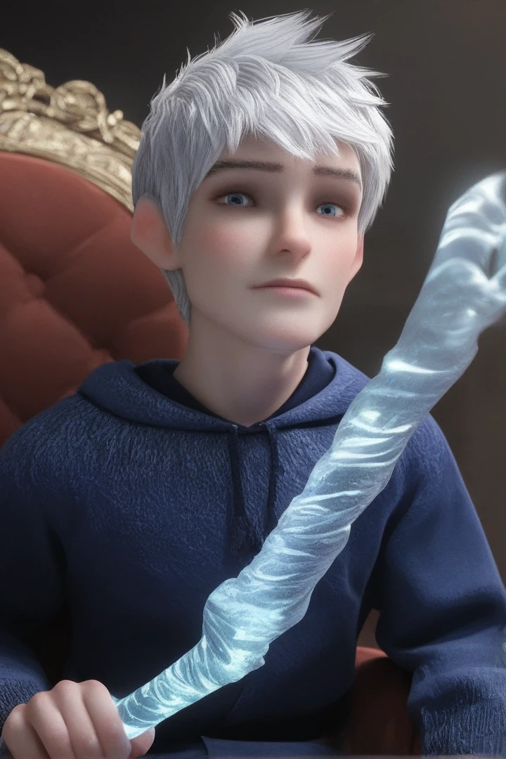 Full body photorealistic shots of handsome hunky slender white hair Jack frost. . Sitting on a throne of ice. Holding a glowing ice staff.