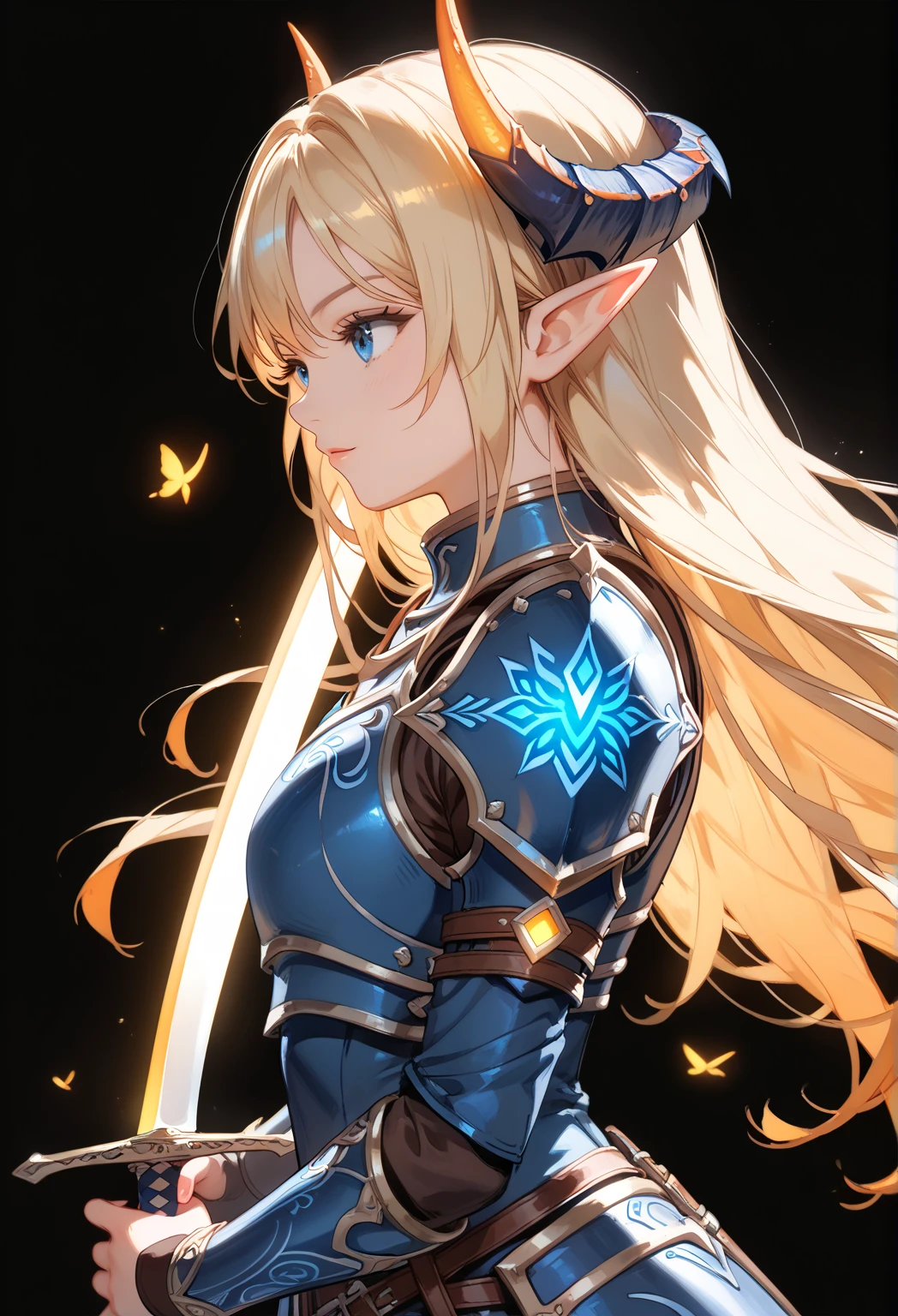 score_9, score_8_up, score_7_up, upscale 2x,( side view, Beautiful blond female elf with blue eyes and horns ,  wears dark blue armor with orange glowing details,  has the pattern of the rune sword 、 point the sword down , The sword is blue and 、 the details shine orange , Dark background:1.2)