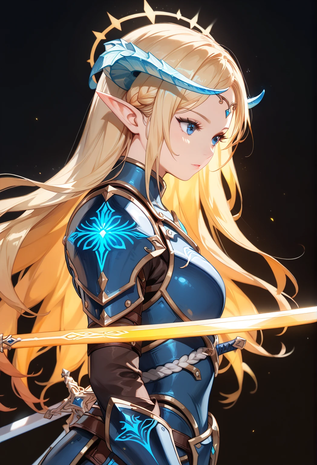 score_9, score_8_up, score_7_up, upscale 2x,( side view, Beautiful blond female elf with blue eyes and horns ,  wears dark blue armor with orange glowing details,  has the pattern of the rune sword 、 point the sword down , The sword is blue and 、 the details shine orange , Dark background:1.2)