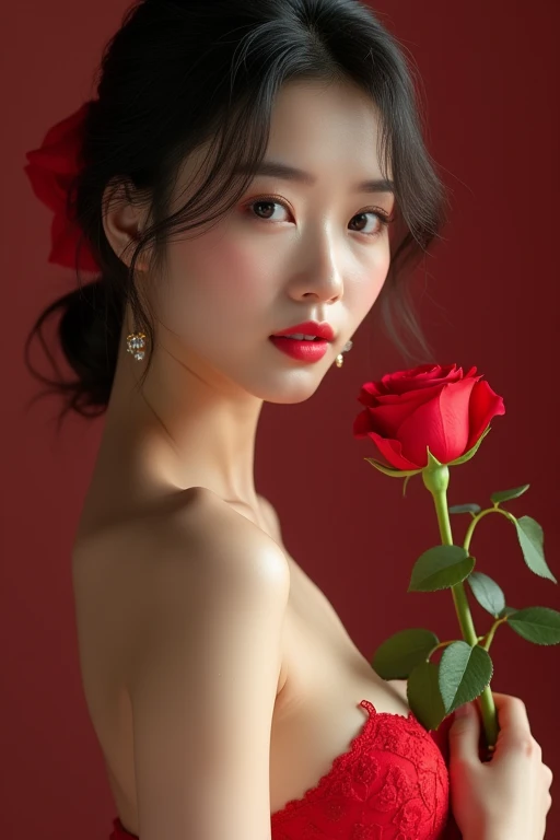 Photography,HD,lifelike,Real People,An Asian girl holding a red rose in her hand,Smell the flowers,The movements are natural and elegant,1,Slightly fat,Red nails,Beautiful facial features,Exquisite makeup,Exquisite eyes,Eye details,Dark eyeshadow,Pearl Necklace,Black suspender skirt,Shoulder,arm,Soft light and shadows indoors,Rich details