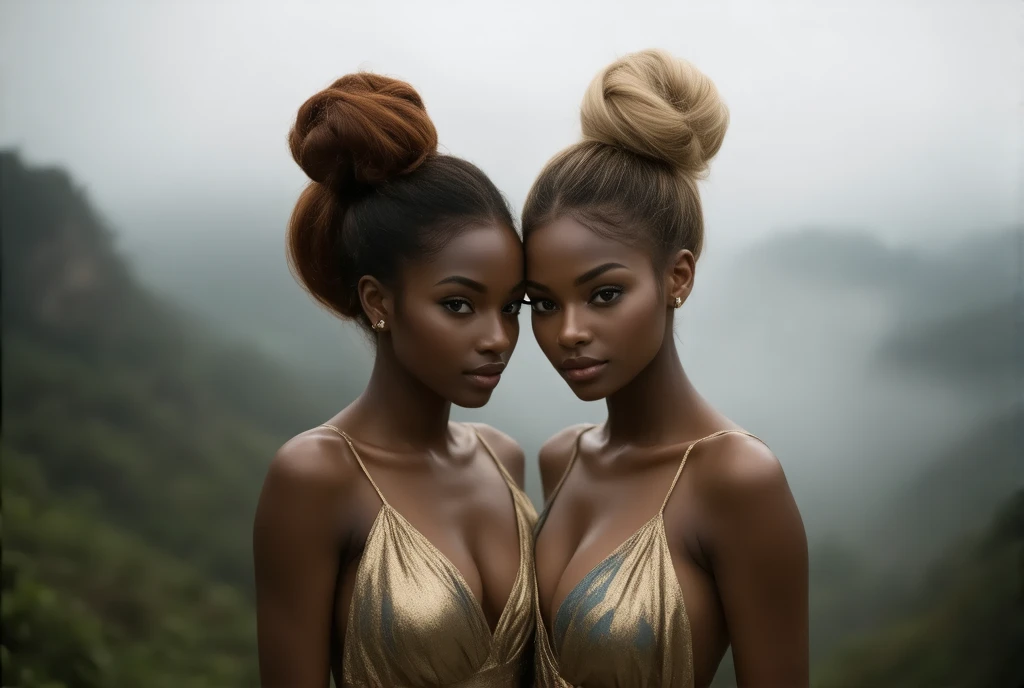 un portrait détaillé de deux belles jeunes filles à la peau foncée, tres noire comme Ajak Deng, coiffure en chignon, girls hugging each other from above view, a girl whispering into a girls, ear from behind, southern, redhead and blonde hair, sharp facial features, (((gigantic breasts:1.5))), massive cleavage, middle age gold ans blue dress, bokeh, ethereal, in the background a beautiful brumey landscape, Brouillard, vapeur,