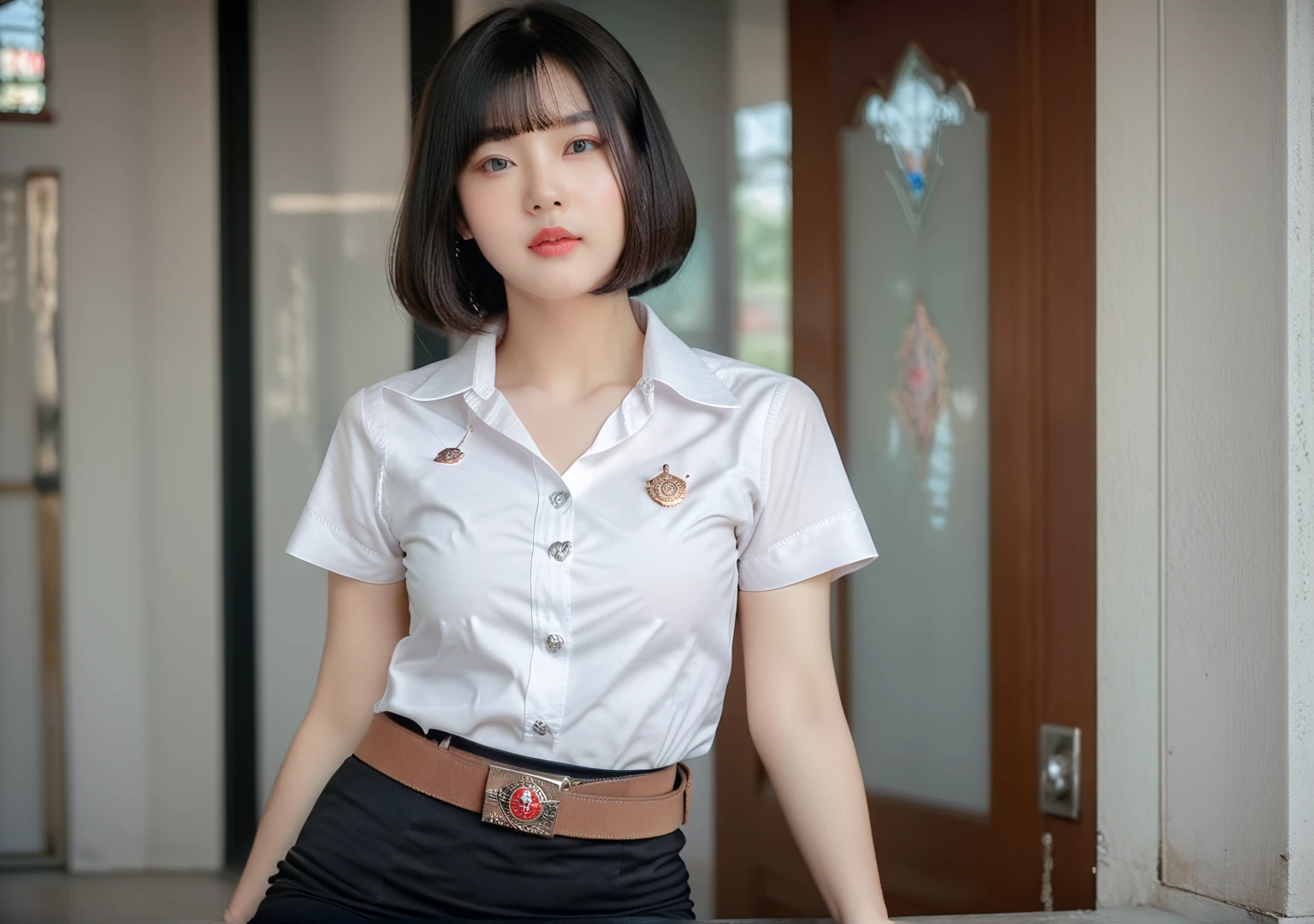 score_9,score_8_up,score_7_up,beast_quality,masterpiece,nisit ,  1 girl, Innocence,  detailed beautiful face ,, lips,  black hair, Short sleeve,  white shirt,   black skirt, Pencil Skirt, Brown belt,silver buckle,looking at viewer,At school, looking at viewer, 