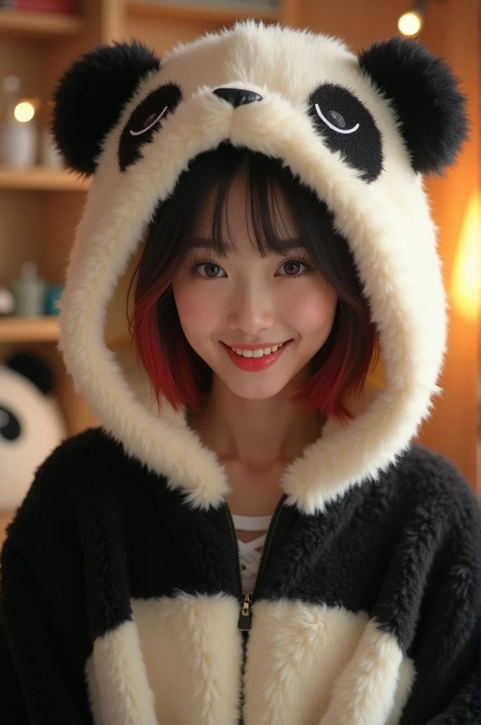 one girl、full body angle、16talent、focus on face、brown hair、short bob、no makeup、plump lips、Panda costume style pajamas、white pajamas、unreasonable、完璧にblurred background、Fancy room、sitting on a pink chair、highest quality、Highest image quality、ultra high resolution、Super detailed、8k、cinematic lighting、professional photographer、miniature、blurred background