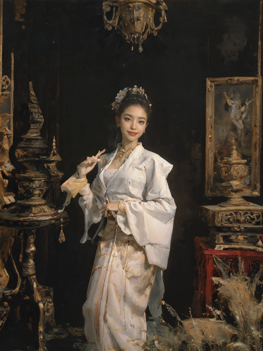  Queen, full body display, leaning against the ruins, with floating bat all around the background. The Queen's expression  enchanting, her posture  seductive, her hand  holding her face, and there  a flicker of evil energy runes in the background, blood mist filled, and soft light. Myanmar traditional royal dress, Official art, unit 8 k wallpaper, ultra detailed, beautiful and aesthetic, masterpiece, best quality, extremely detailed, dynamic angle, paper skin, radius, iuminosity, cowboyshot, the most beautiful form of Chaos, elegant, a brutalist designed, visual colors, by James Jean, roby dwi antono, cross tran, francis bacon, Michael mraz, Adrian ghenie, Petra cortright, Gerhard richter, Takato yamamoto, ashley wood, atmospheric,  flowers in full bloom, atmosphere, rich details, full body lens, shot from above, shot from below, detail background, perfect face, exquisite facial features, high detail, smile, Fisheye lens, dynamic angle, dynamic posture