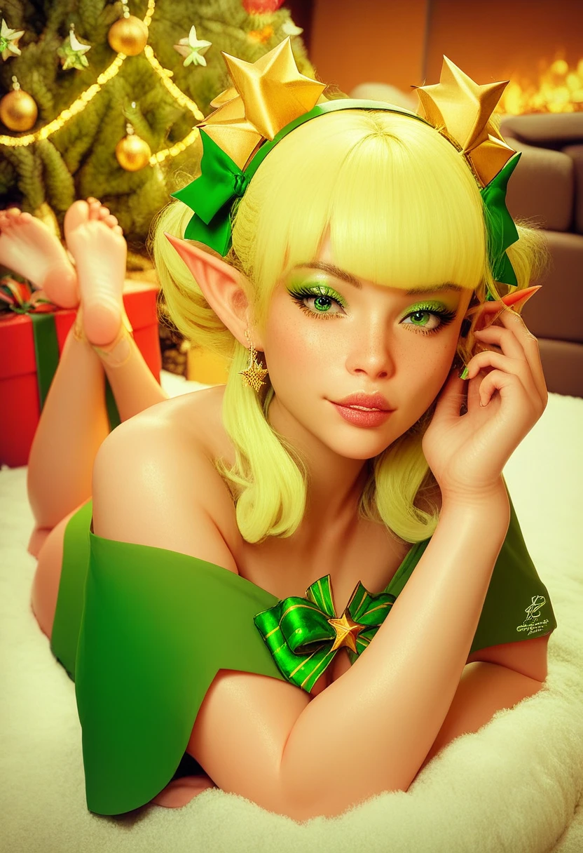 A cute female Christmas elf, wearing a green elf dress with white puff, green bow in her blonde hair, laying on her stomach, facing the camera, her bare feet are up in the air behind her, soles visible, sassy expression, looking at viewer, on a velvety plush couch, a Christmas tree in the background.