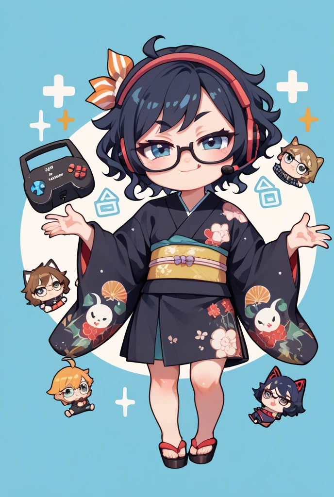 Japanese woman, one person, black wavy hair, semi-short hair, wearing glasses, Front facing, gaming headset, full body image, black Japanese-kimono, icon, chibi, kawaii, smug face, 