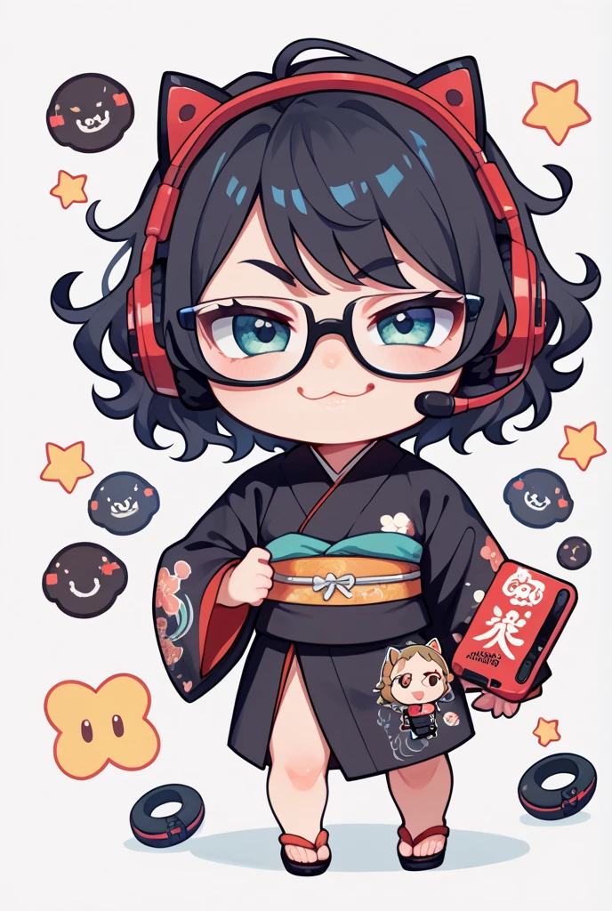 Japanese woman, one person, black wavy hair, semi-short hair, wearing glasses, Front facing, gaming headset, full body image, black Japanese-kimono, icon, chibi, kawaii, smug face, 