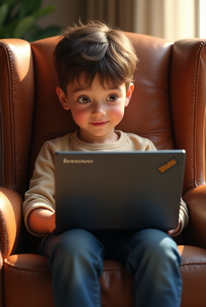 A little boy with a smart face is using a computer, he is having a lot of fun.