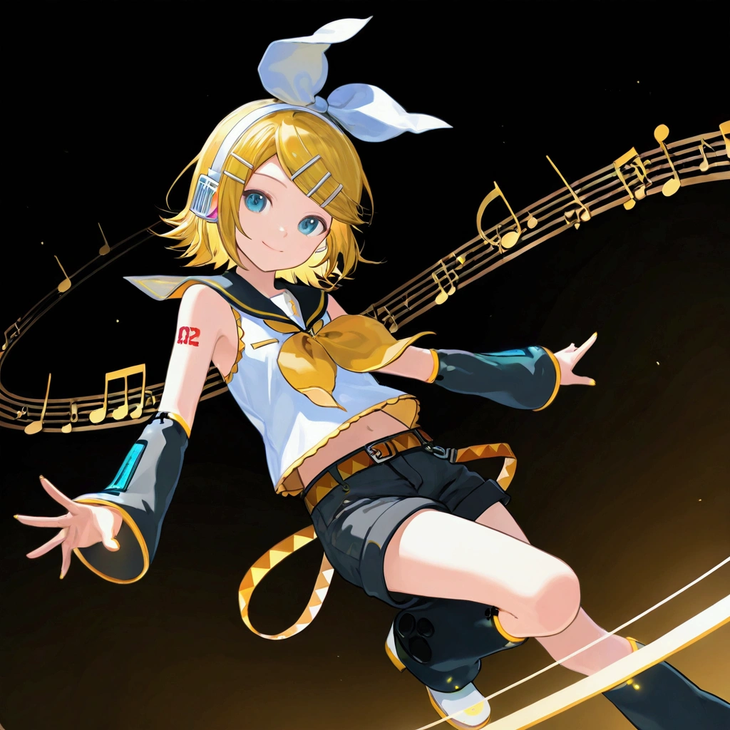 1girl(cute,kawaii,,Kagamine Rin\(vocaloid\), short hair, number tattoo, bow, white shirt, detached sleeves, belt, sailor collar, headphones, shorts, leg warmers,boring,smile,dynamic pose),#background(music notes ,simple). BREAK .quality\(8k,wallpaper of extremely detailed CG unit, high resolution, top-quality, top-quality real texture skin, hyper realistic, increase the resolution, RAW photos, best quality, highly detailed, the wallpaper, golden ratio, high saturation realism, vibrant colors, dramatic lighting, persuasive storytelling, atmospheric scenery, captivating visuals, intricate details, strong emotions, dreamlike world\)