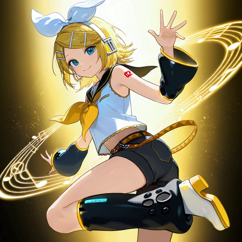 1girl(cute,kawaii,,Kagamine Rin\(vocaloid\), short hair, number tattoo, bow, white shirt, detached sleeves, belt, sailor collar, headphones, shorts, leg warmers,boring,smile,dynamic pose),#background(music notes ,simple). BREAK .quality\(8k,wallpaper of extremely detailed CG unit, high resolution, top-quality, top-quality real texture skin, hyper realistic, increase the resolution, RAW photos, best quality, highly detailed, the wallpaper, golden ratio, high saturation realism, vibrant colors, dramatic lighting, persuasive storytelling, atmospheric scenery, captivating visuals, intricate details, strong emotions, dreamlike world\)