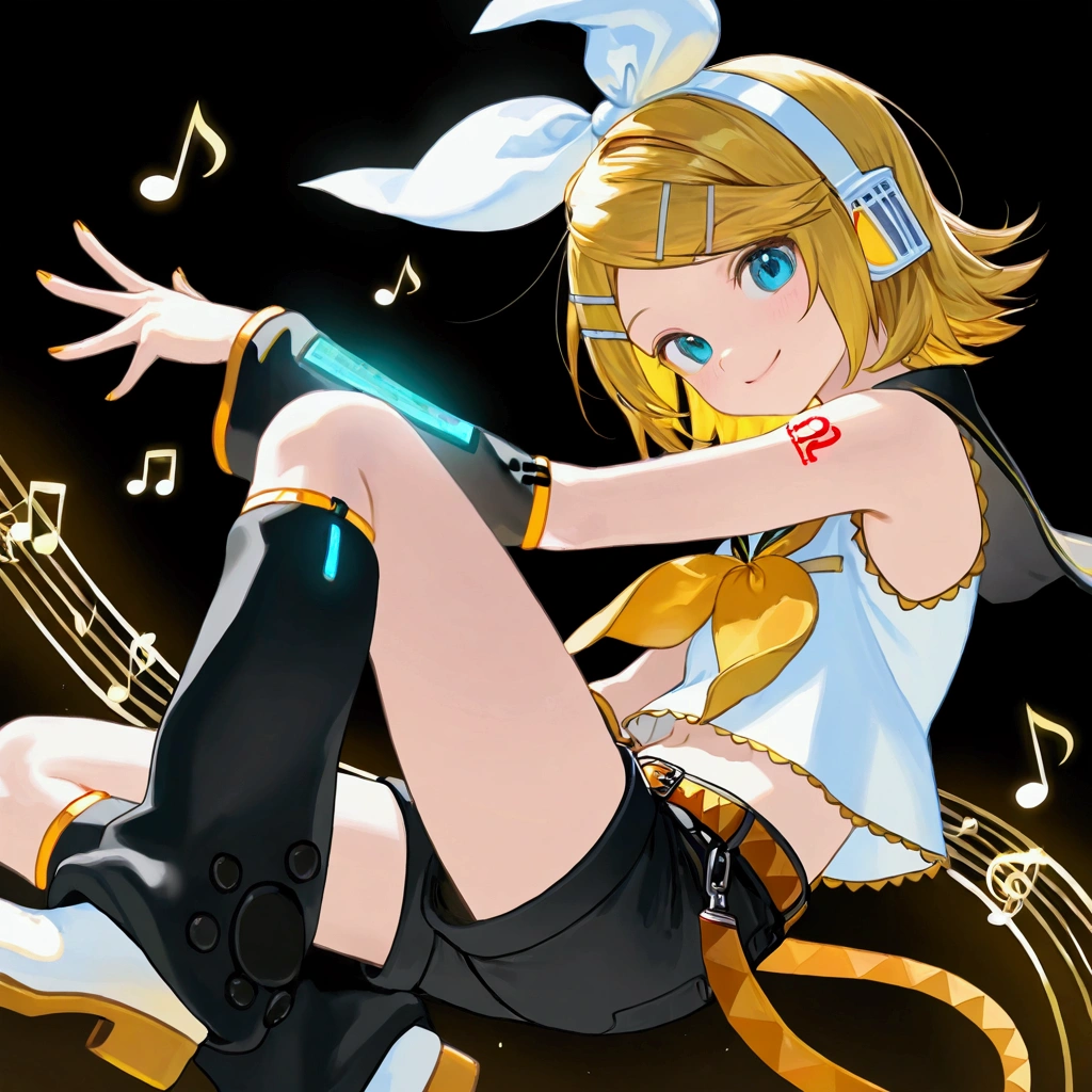 1girl(cute,kawaii,,Kagamine Rin\(vocaloid\), short hair, number tattoo, bow, white shirt, detached sleeves, belt, sailor collar, headphones, shorts, leg warmers,boring,smile,dynamic pose),#background(music notes ,simple). BREAK .quality\(8k,wallpaper of extremely detailed CG unit, high resolution, top-quality, top-quality real texture skin, hyper realistic, increase the resolution, RAW photos, best quality, highly detailed, the wallpaper, golden ratio, high saturation realism, vibrant colors, dramatic lighting, persuasive storytelling, atmospheric scenery, captivating visuals, intricate details, strong emotions, dreamlike world\)