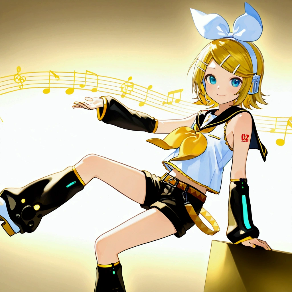 1girl(cute,kawaii,,Kagamine Rin\(vocaloid\), short hair, number tattoo, bow, white shirt, detached sleeves, belt, sailor collar, headphones, shorts, leg warmers,boring,smile,dynamic pose),#background(music notes ,simple). BREAK .quality\(8k,wallpaper of extremely detailed CG unit, high resolution, top-quality, top-quality real texture skin, hyper realistic, increase the resolution, RAW photos, best quality, highly detailed, the wallpaper, golden ratio, high saturation realism, vibrant colors, dramatic lighting, persuasive storytelling, atmospheric scenery, captivating visuals, intricate details, strong emotions, dreamlike world\)