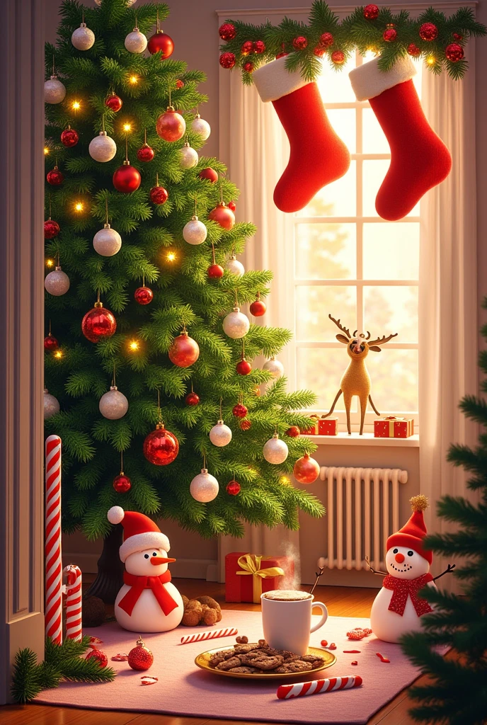 Christmas Decoration, colorful christmas tree,  red socks hanging on the wall,  Candy Canes , Reindeer doll ,  snowman,  bright light,  cookies and hot cocoa , bright warm background 