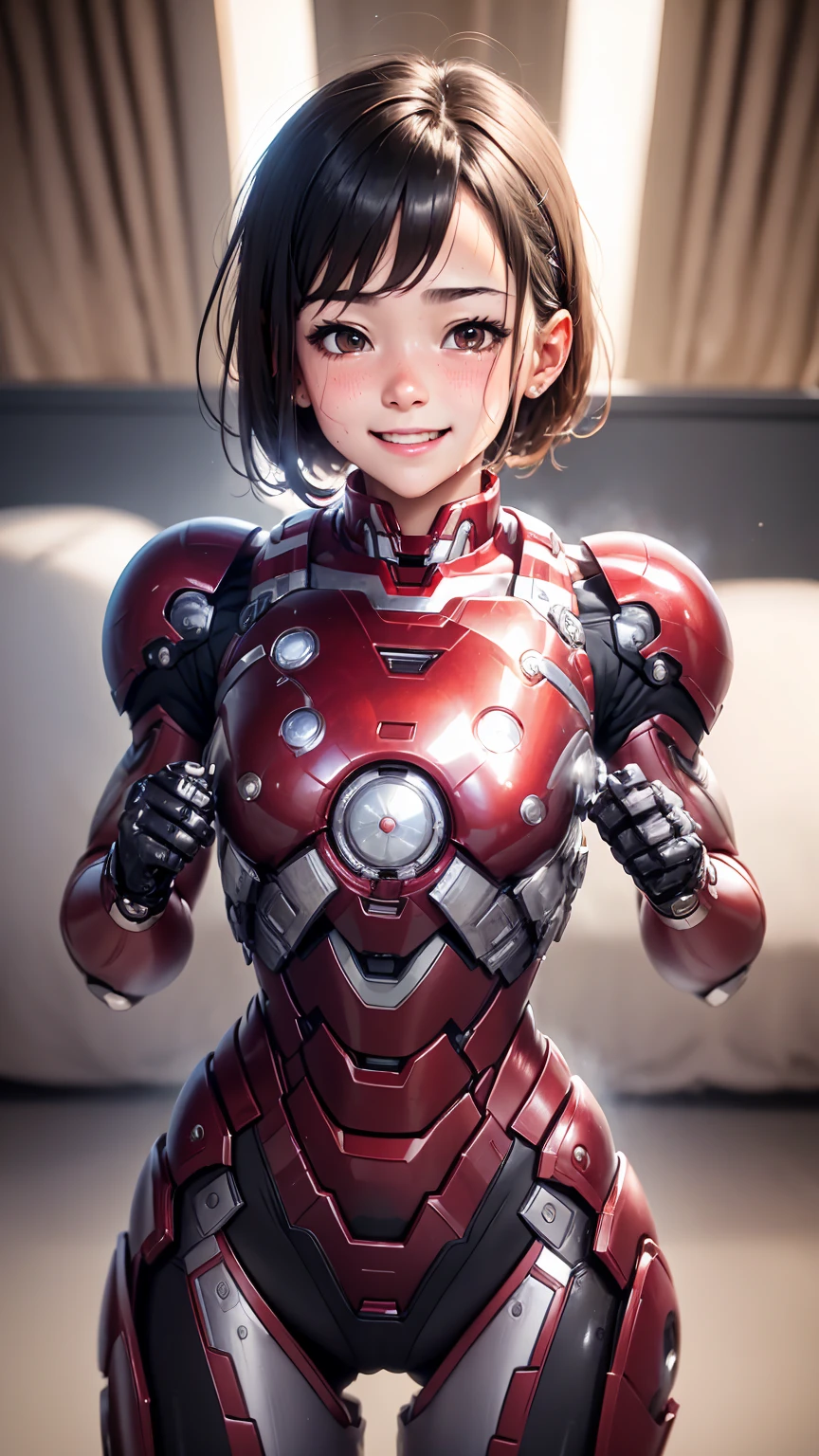  top quality　 8k Iron Man Suit 　Sweaty face　 cute smile　 short hair　 boyish　  steam coming out of her head 　 my hair is wet from sweat　 black hair