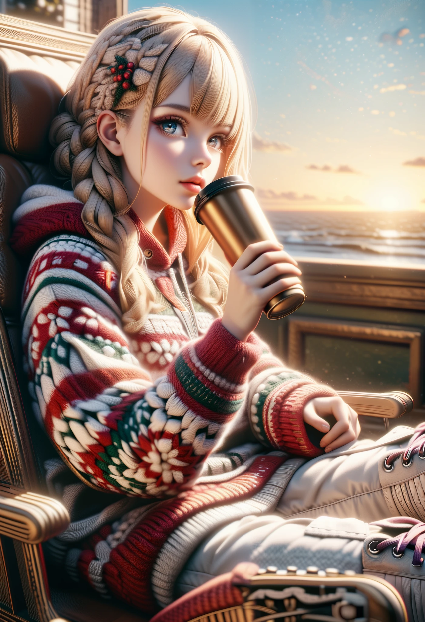 ChristmasSweater,a girl sitting on a chair, drinking coffee, wearing white cargo pants and ribbon platform sneakers, beautiful detailed eyes, beautiful detailed lips, extremely detailed eyes and face, long eyelashes, photorealistic, newest, ai-generated, cinematic lighting, natural lighting, warm colors, golden hour, soft focus, octane render, 8k, extremely detailed, intricate details, masterpiece