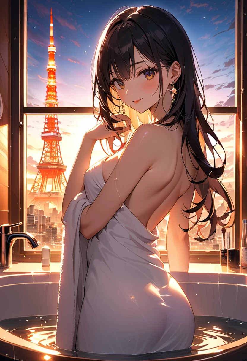 (masterpiece:2.0), (top-quality:2.0), (naked extremely small towel:1.5), (view from the side:1.5), (perfect exposed shoulders:1.5), (perfect exposed nape:1.5), (super sexypose:1.5), (blushed face:1.3), (barechested:1.3), (realistic:1.5), 1 little girl, precise small hands, Embarrassed look, light smile, Open mouth, extremely cute girl, innocent face, young face, Clear eyes, Shining eyes, shoulder is visible, small breast, thigh is visible, The buttocks is visible, No pubic hair, dynamic posing, The beautiful skin, ultra-definition, Top resolution, japan high school student, brown hair