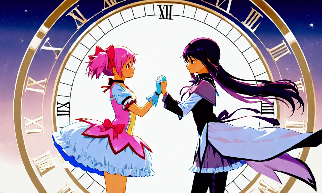 (2girls:1.5),(akemi_homura\(Puella Magi Madoka Magica,magical_girl,purple long hair,purple costume\) and kaname_madoka\(Puella Magi Madoka Magica,Magical_Girl,pink short twin tails,pink costume\) are holding hands:1.3),colorful and geometric and chaotic background of chaotic gothic shadow puppet castles,(in a very psychedelic nightmare),big clock motif at the center of background,. BREAK .quality\(8k,wallpaper of extremely detailed CG unit, high resolution, top-quality, top-quality real texture skin, hyper realistic, increase the resolution, RAW photos, best quality, highly detailed, the wallpaper, golden ratio, high saturation realism, vibrant colors, dramatic lighting, persuasive storytelling, atmospheric scenery, captivating visuals, intricate details, strong emotions, dreamlike world\).(long shot),wide shot,landscape,blured background,(art by Maurits Escher:1.3)