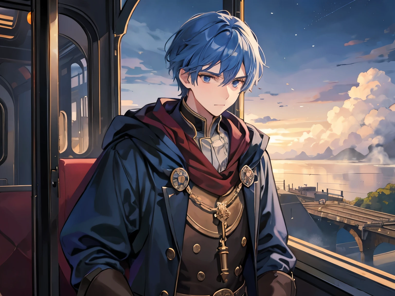 Male student, noble, middle ages, Steam locomotive, night, Commuting, fog, upper body, melancholy, Blue Hair