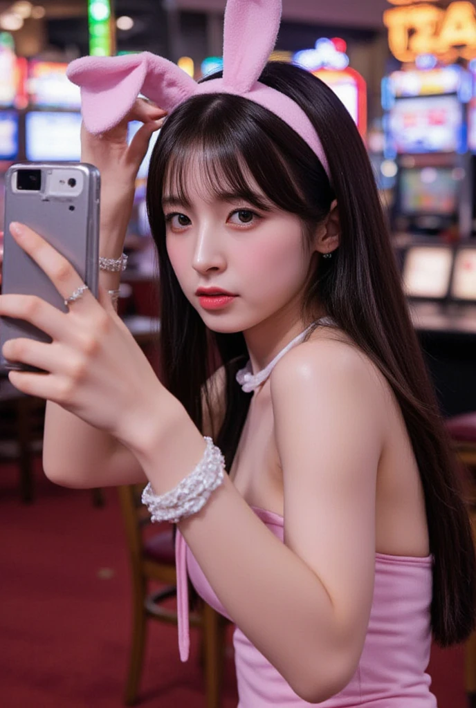 NSFW, strapless bunny suit,
Fashion Photography, Professional lighting,
full body visible, 

A beautiful girl with long black hair is taking a selfie in Playmate style at a casino in Las Vegas,