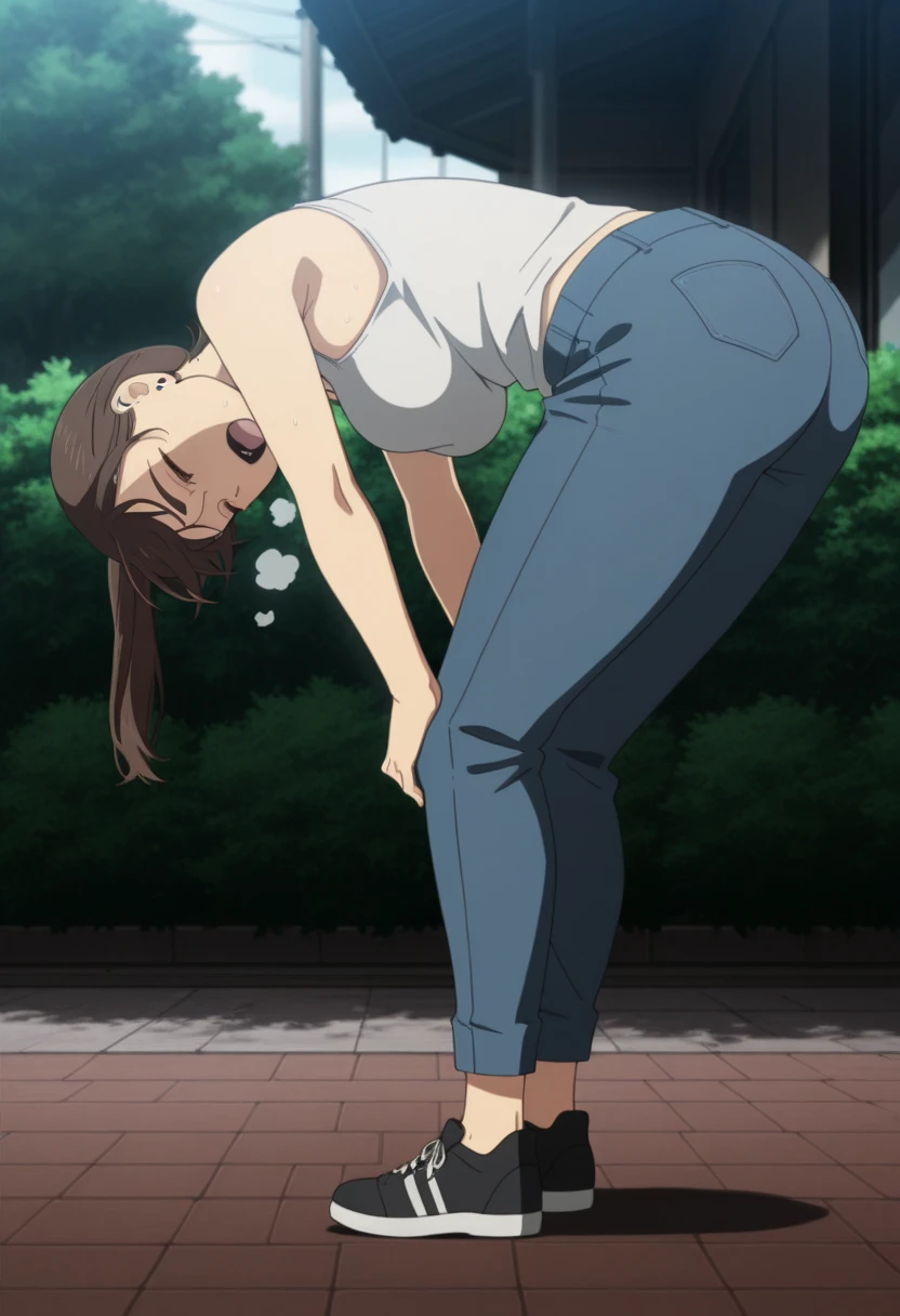 (masterpiece:1.2), best quality, high resolution, unity 8k wallpaper, (illustration), perfect lighting, extremely detailed CG, <lora:Sadako:0.7>, black hair, side ponytail, back view:1.2, back, camisole, blue skirt, (white thighighs:1.7), arms up, armpits, ass, back, ((facing away:1.6, from behind, back head)), full body, squatting, feet, hands over head