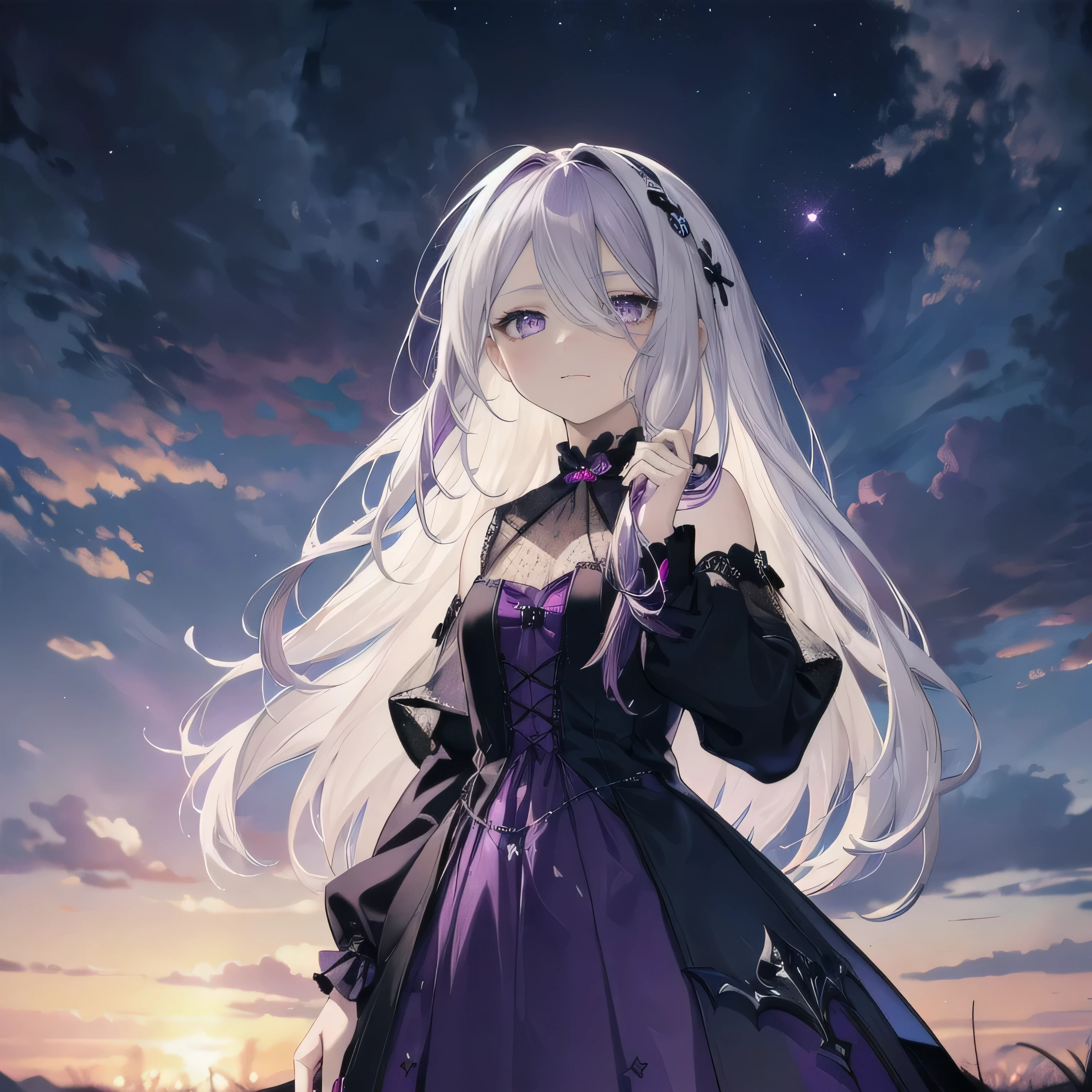 Anime girl in purple dress with long white hair and black gloves ...