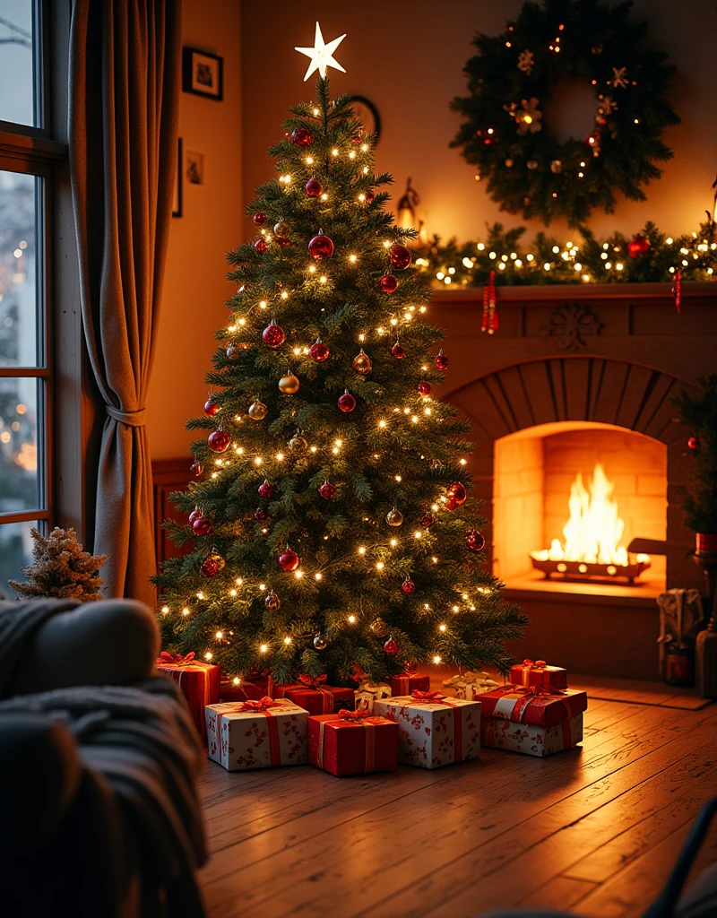 Christmas Decoration,  Christmas tree,  Green Fir Trees ,  red and gold decorations ,  Sparkling Lights , Top of the Stars , Warm indoors,  Lots of presents are placed under the tree, Wood Grain Floor, Fireplace in the background,  Soft Orange Lights 