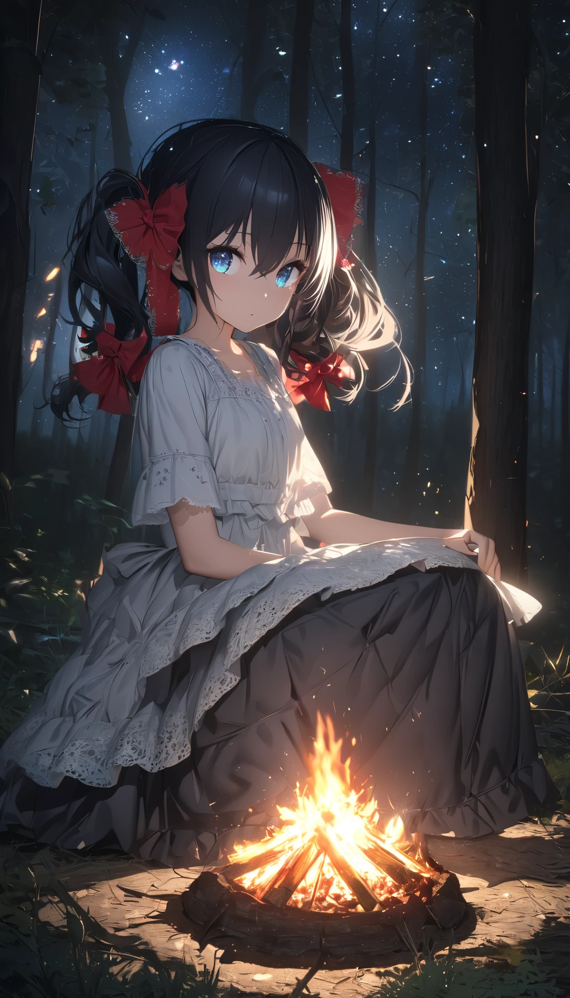 landscape, summer, night、No lighting , forest, {{place}}Bonfire, no one, starry sky , 【HD Details, more, membrane, hyperrealism , Soft light, Deep Focus Blur , ray tracing, hyperrealism . , アートステーション pixiv Gwise, Makoto Shinkai, artgerm、( slim、1 person, cute young woman, , black hair、 twin tail hair 、Azure Eyes、red large lace hair bow),delicate beautiful eyes , has his legs open , high definition , masterpiece, pictures of girls , cute and beautiful face down to the last detail、Beautiful Bangs, bangs between eyes, ( eyeliner , lipstick:0.9),