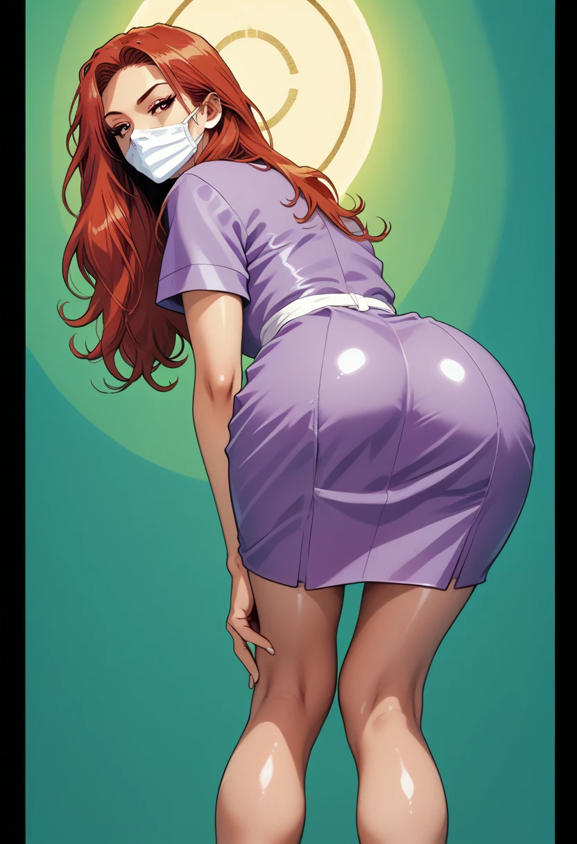 1girl, long hair,red hair,2D, cell shading, anime style, video game art, sharp lines, vibrant colors, retro style,RUKIA Style, from behind,shiny skin, medical face mask, purple nurse clothes, tight skirt,big ass, looking back,muture woman,bent over,one hand on knee,w3st3rnc0m1c,westerncomic,western comic art style,half closes eyes, looking at viewer