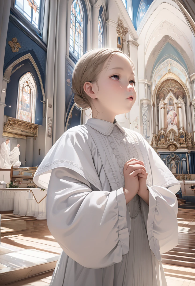 masterpiece, top quality, high definition ,Anatomical,Realistic, detailed description , Full Photo,8k,kawaii,((church)),((choirs)),(( )),,Petite,flat body ,pure white smock,prayer,