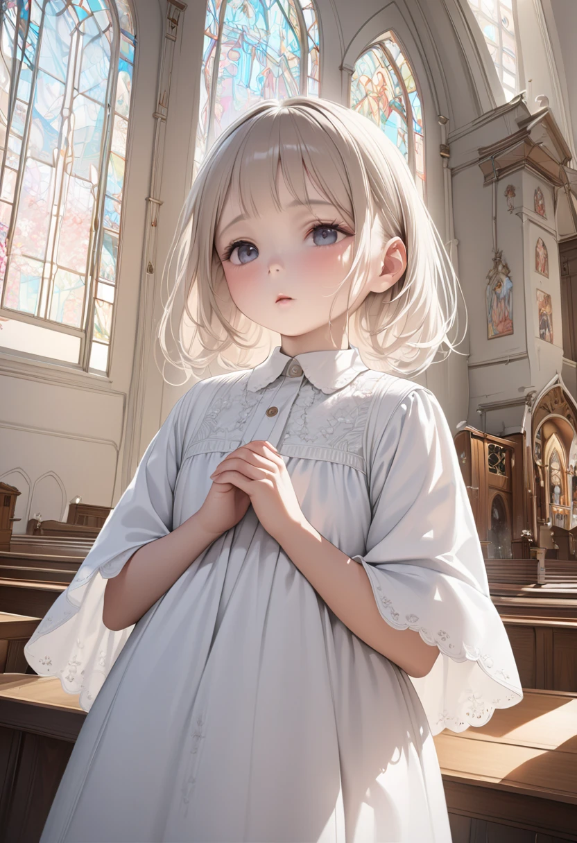 masterpiece, top quality, high definition ,Anatomical,Realistic, detailed description , Full Photo,8k,kawaii,((church)),((choirs)),(( )),,Petite,flat body ,pure white smock,prayer,